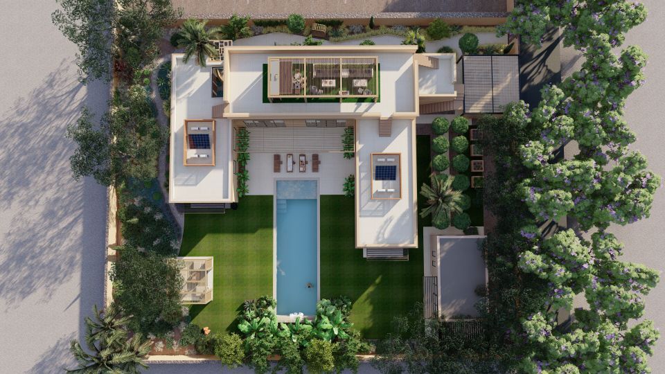 Vue aérienne plongeante d'une villa moderne en forme de U avec piscine centrale, pelouse verdoyante et jardins environnants.