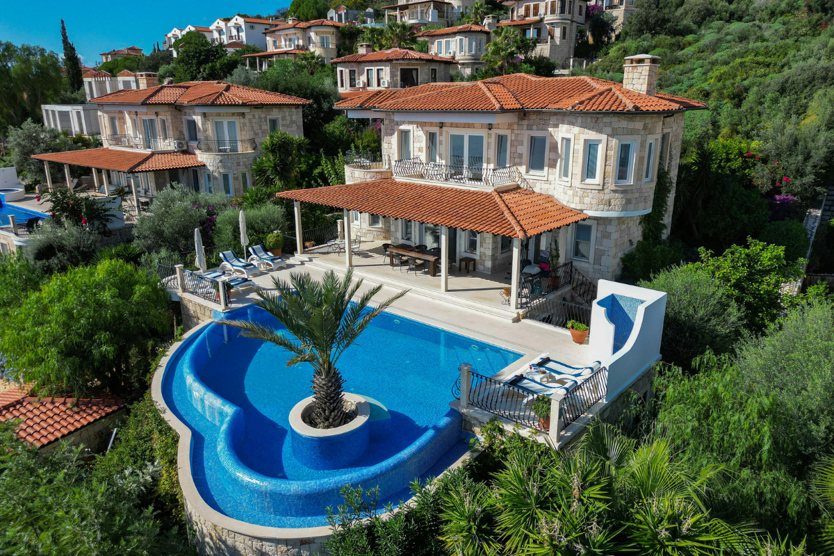 Une paisible terrasse à l'arrière d'une maison avec piscine, pelouse verdoyante,.