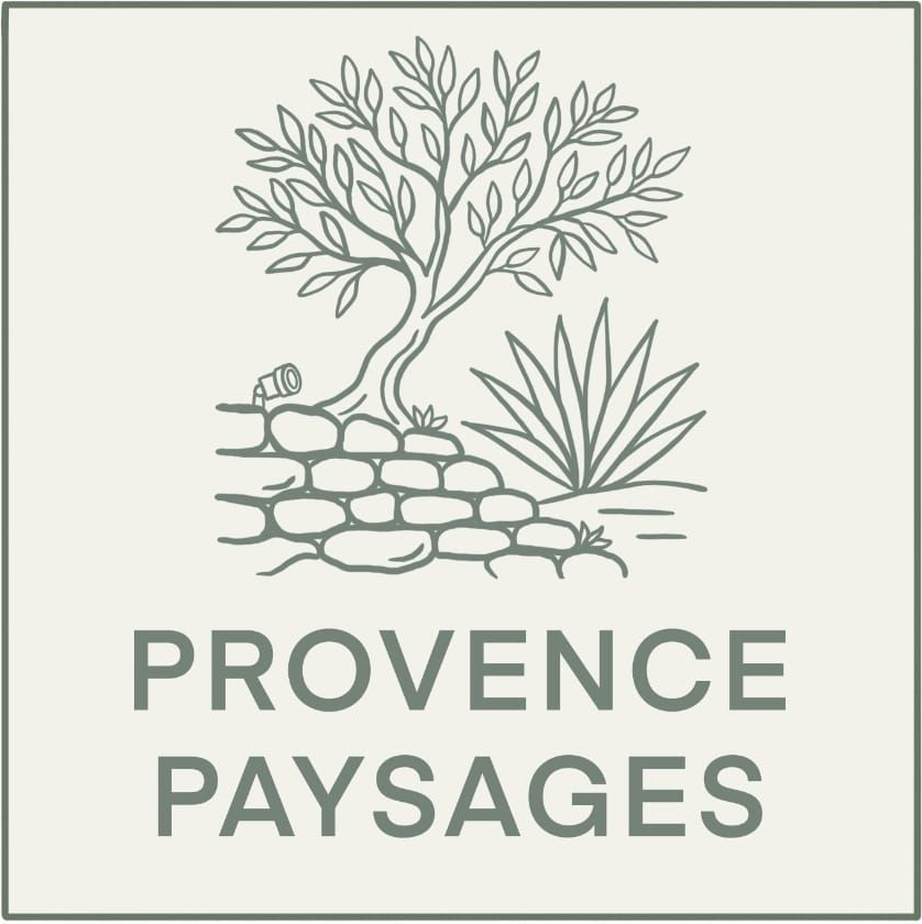 Logo pour Provence Paysages représentant un arbre dessiné au trait, un mur de pierre et une plante vert sauge sur fond crème.