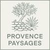 Logo pour Provence Paysages représentant un arbre dessiné au trait, un mur de pierre et une plante vert sauge sur fond crème.