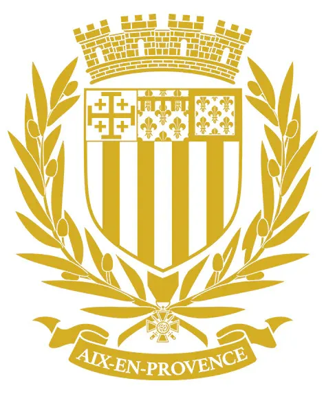 Armoiries dorées d'Aix-en-Provence représentant un écu, une couronne et des branches de laurier sur fond blanc.