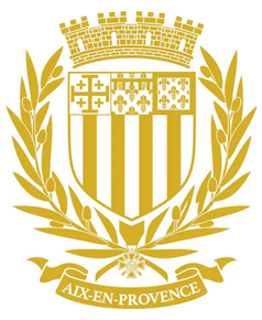 Armoiries dorées d'Aix-en-Provence représentant un écu, une couronne et des branches de laurier sur fond blanc.