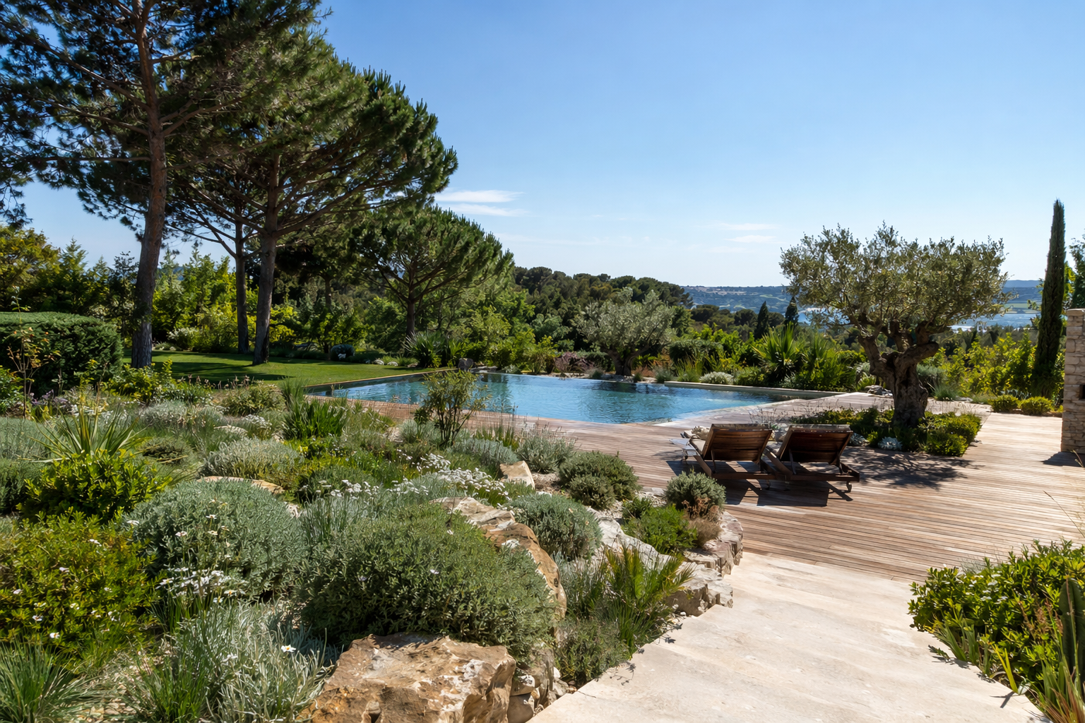Une paisible terrasse à l'arrière d'une maison avec piscine, pelouse verdoyante,.