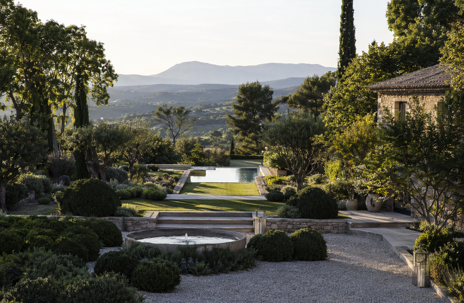 Une paisible terrasse à l'arrière d'une maison avec piscine, pelouse verdoyante,.