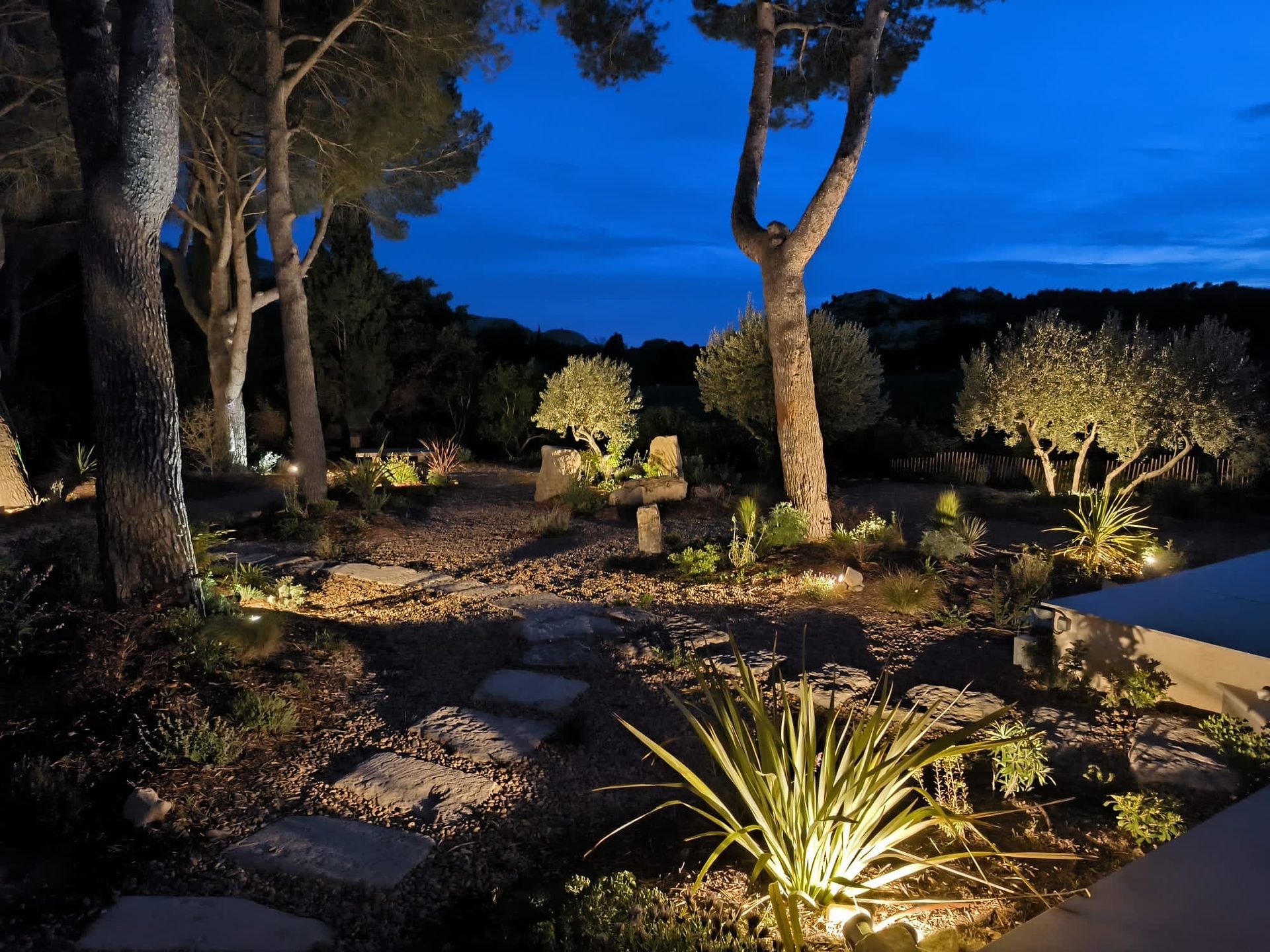 La nuit, un jardin se pare d'arbres illuminés, de marches de pierre et d'arbustes sous un ciel bleu crépusculaire.