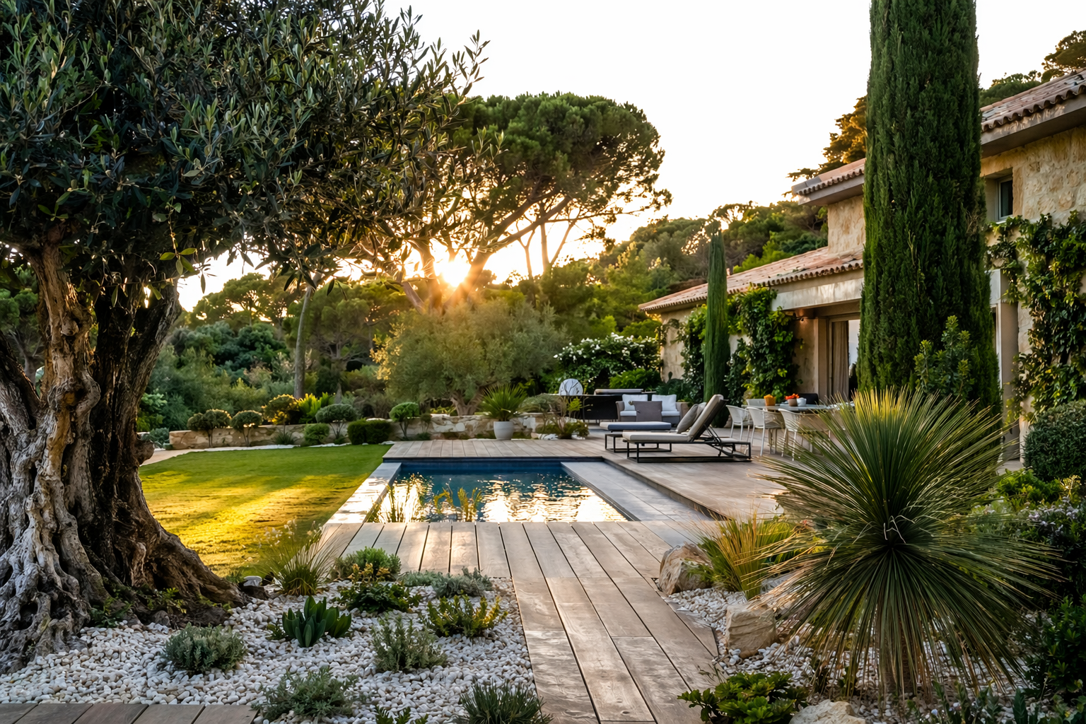 Une paisible terrasse à l'arrière d'une maison avec piscine, pelouse verdoyante,.