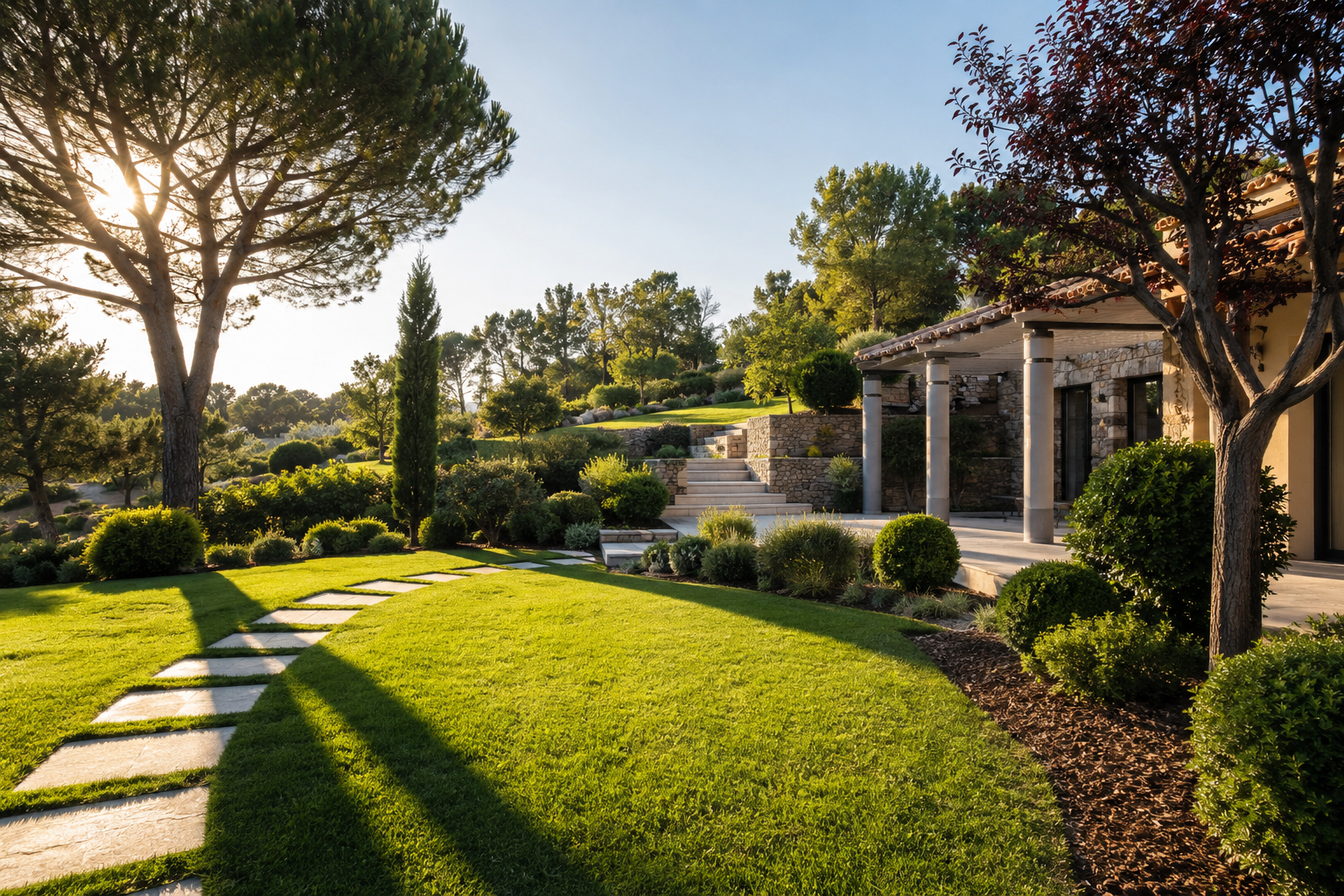 Une paisible terrasse à l'arrière d'une maison avec piscine, pelouse verdoyante,.