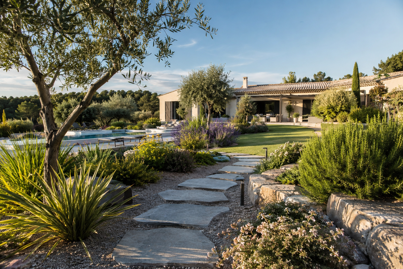 Une paisible terrasse à l'arrière d'une maison avec piscine, pelouse verdoyante,.