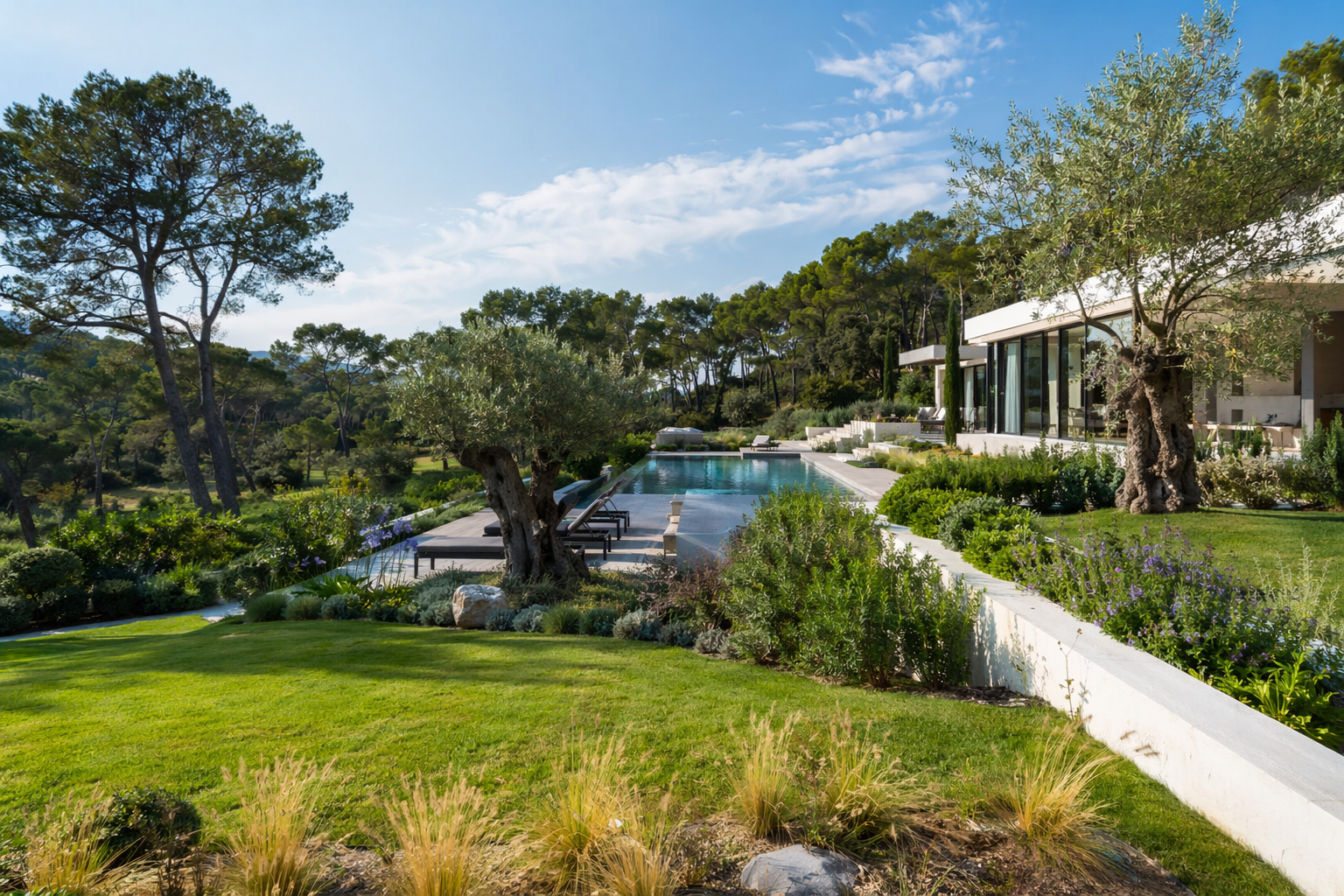 Une paisible terrasse à l'arrière d'une maison avec piscine, pelouse verdoyante,.