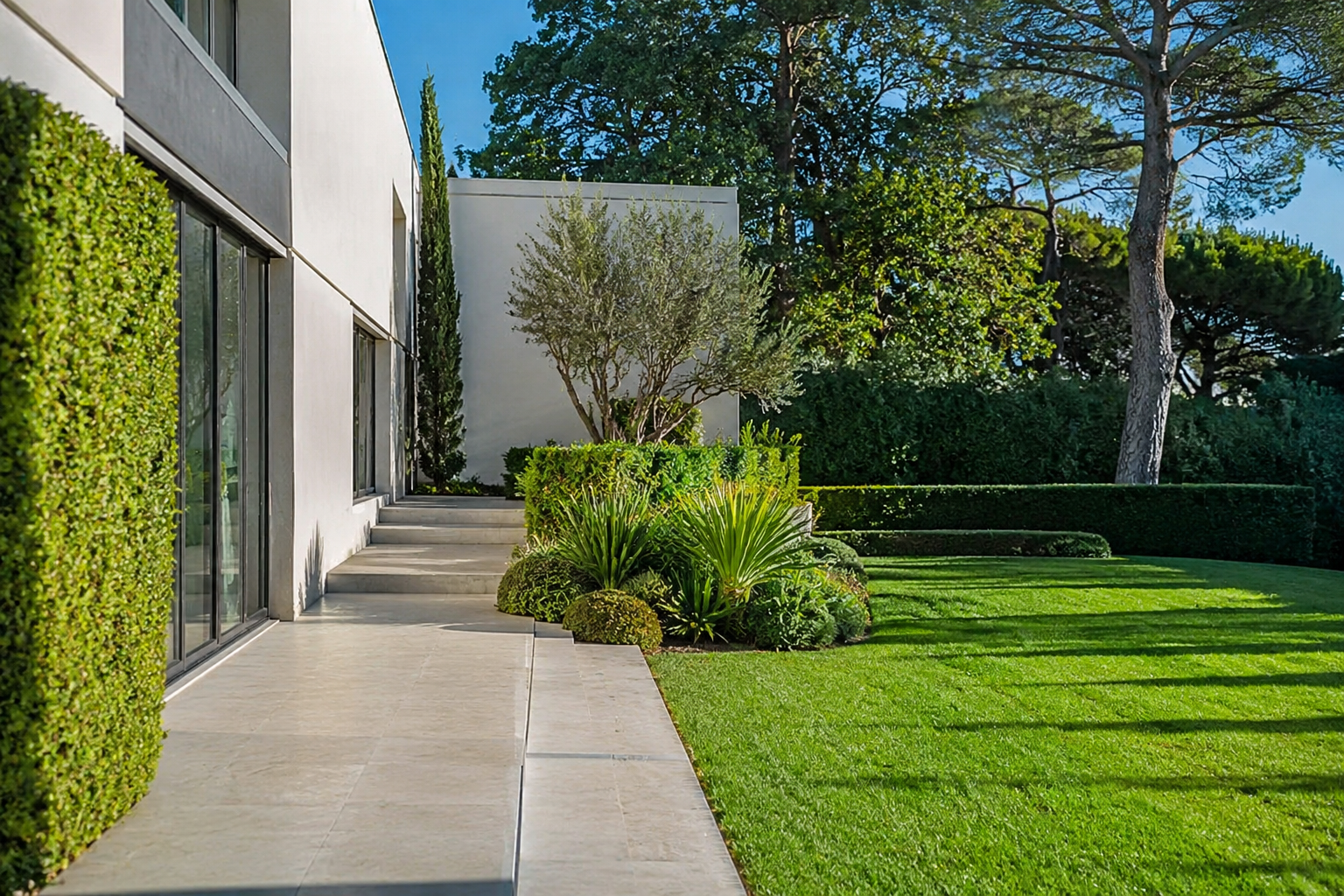 Une paisible terrasse à l'arrière d'une maison avec piscine, pelouse verdoyante,.