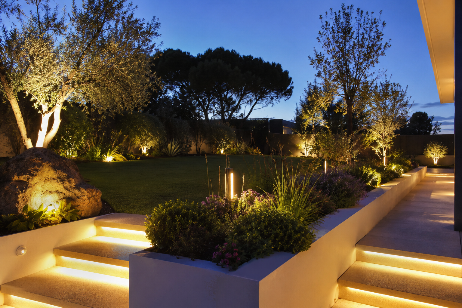 Une paisible terrasse à l'arrière d'une maison avec piscine, pelouse verdoyante,.