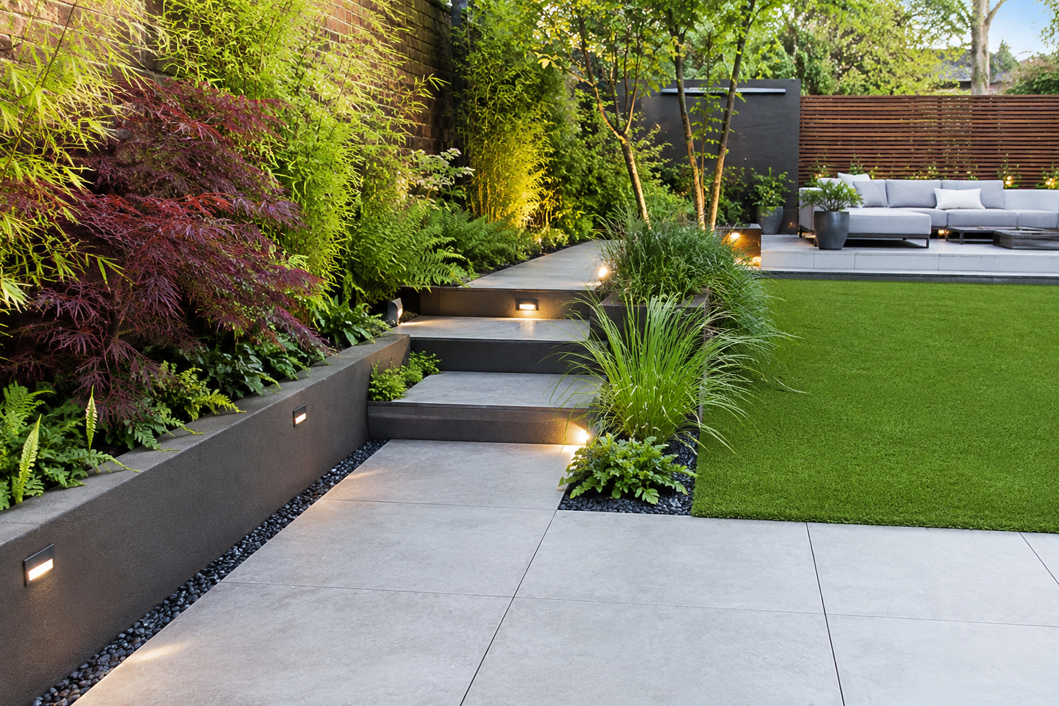 Une paisible terrasse à l'arrière d'une maison avec piscine, pelouse verdoyante,.