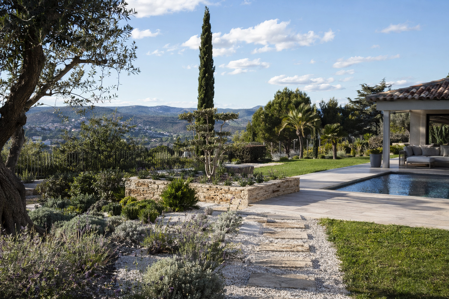 Une paisible terrasse à l'arrière d'une maison avec piscine, pelouse verdoyante,.