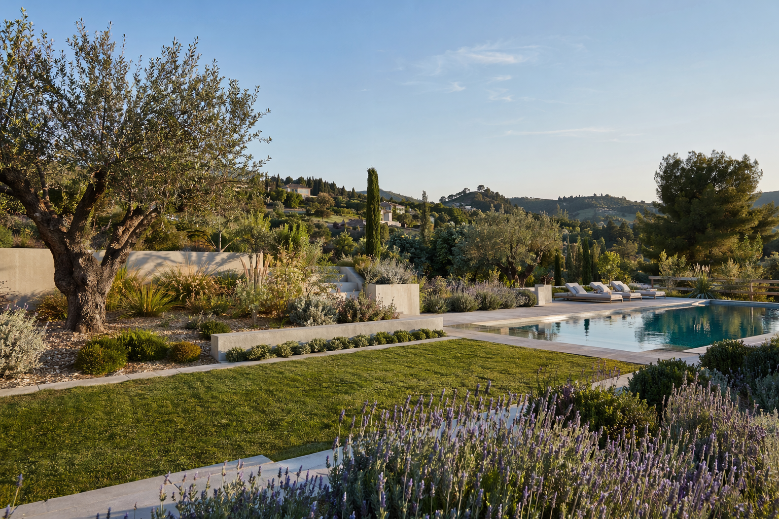 Une paisible terrasse à l'arrière d'une maison avec piscine, pelouse verdoyante,.