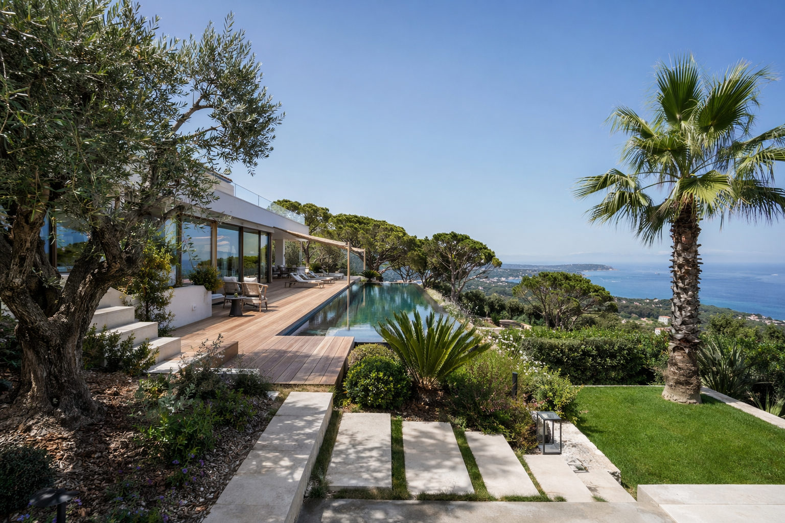 Une terrasse ensoleillée avec piscine donnant sur l'océan, entourée d'oliviers, de palmiers et d'une végétation luxuriante.