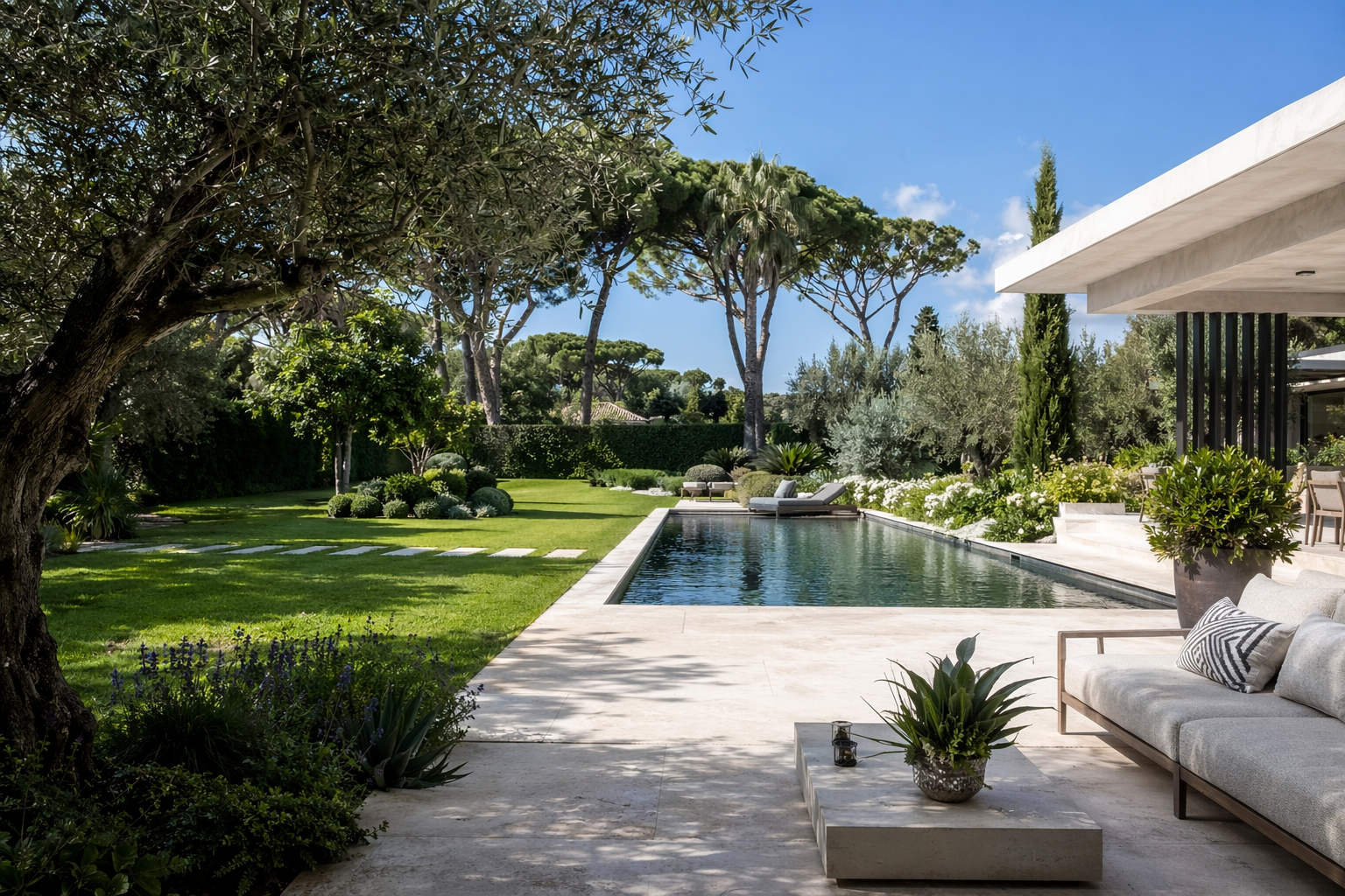Une paisible terrasse à l'arrière d'une maison avec piscine, pelouse verdoyante,.