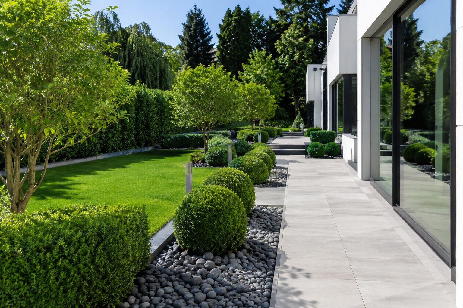 Une terrasse ensoleillée avec piscine donnant sur l'océan, entourée d'oliviers, de palmiers et d'une végétation luxuriante.