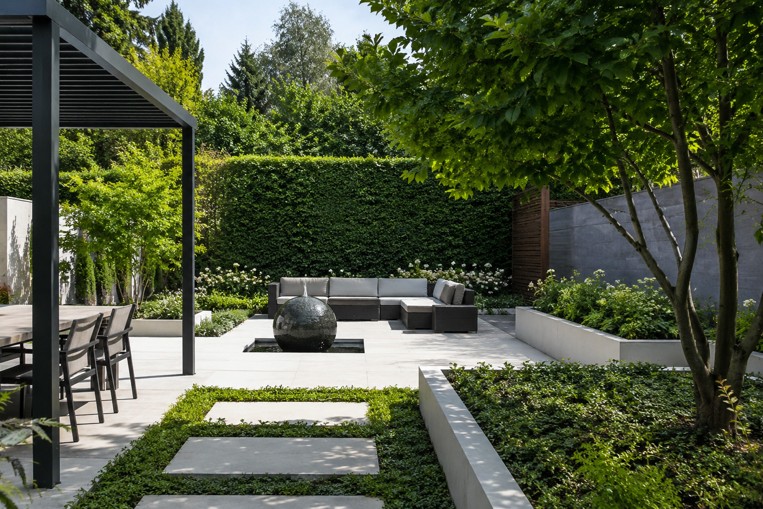 Une paisible terrasse à l'arrière d'une maison avec piscine, pelouse verdoyante,.
