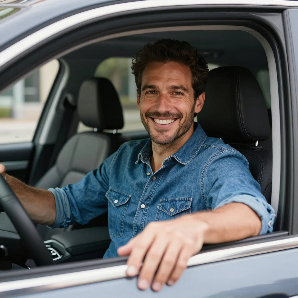 Un conductor sonriente, con una camisa vaquera azul, está sentado en un coche gris.