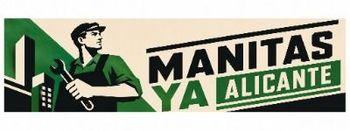 Pancarta de Manitas Ya Alicante con diseño verde y negro y figura estilizada de un trabajador sosteniendo una herramienta.