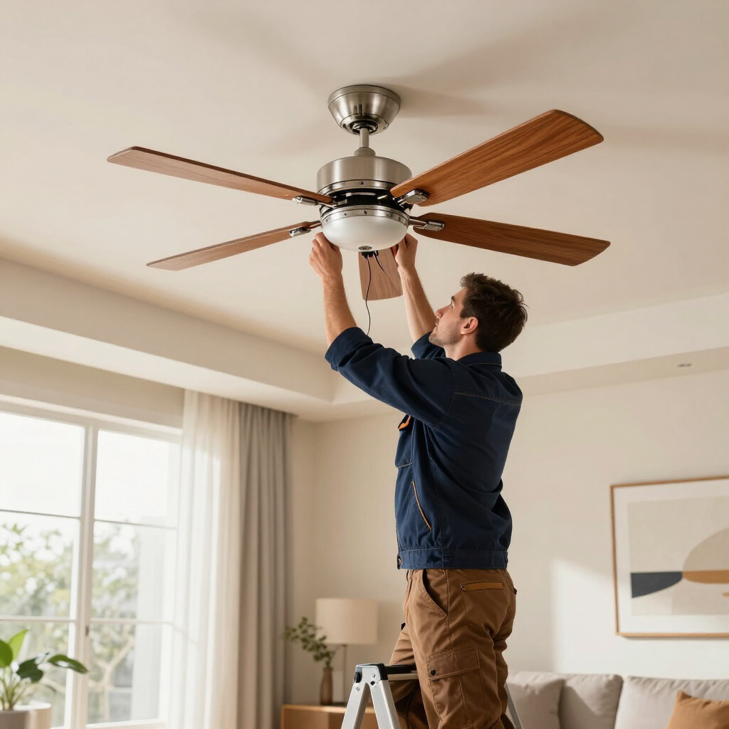 Persona instalando un ventilador de techo en una sala de estar luminosa.