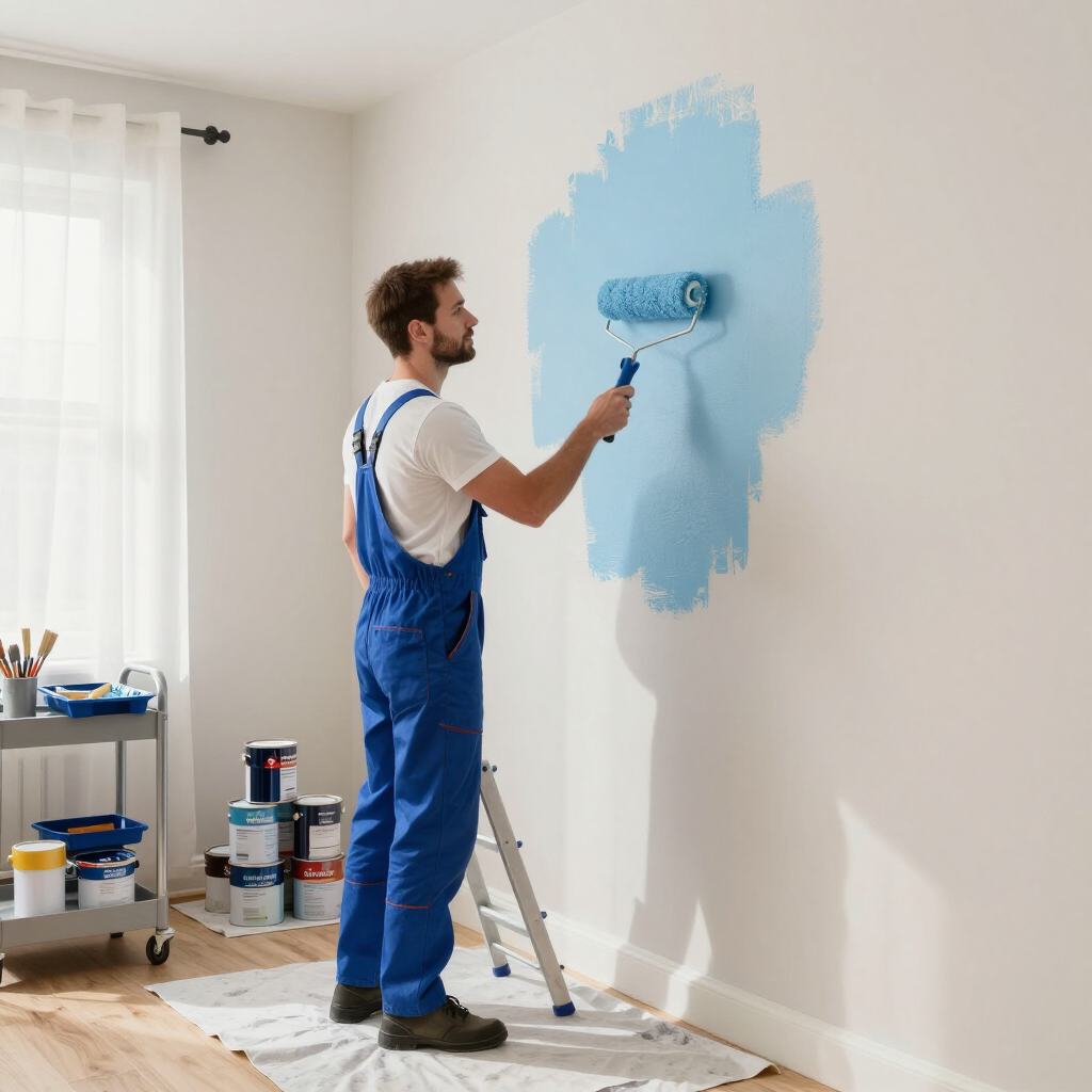 Pintor con mono azul aplicando pintura azul claro sobre una pared blanca en una habitación luminosa.