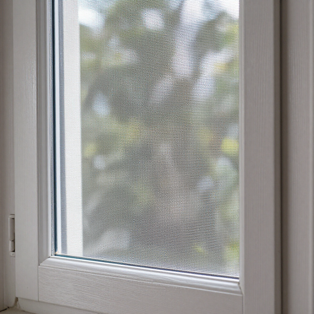 Ventana blanca con cristal texturizado que deja ver árboles borrosos en el exterior.