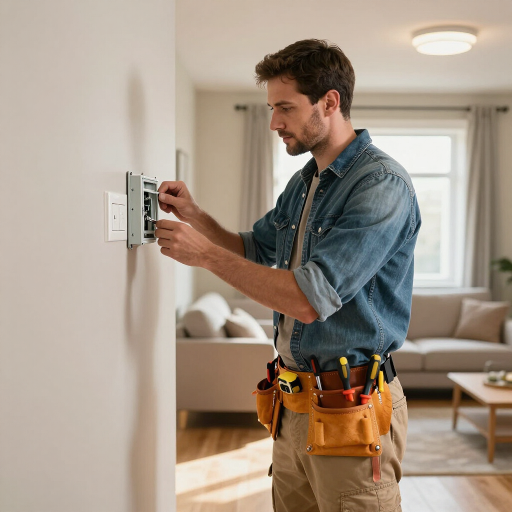 Un técnico ajusta un termostato de pared en una sala de estar luminosa, con herramientas en un cinturón multiusos.