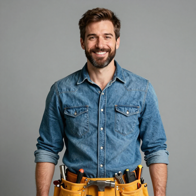 Hombre sonriente con camisa vaquera y cinturón de herramientas, de pie sobre un fondo gris.