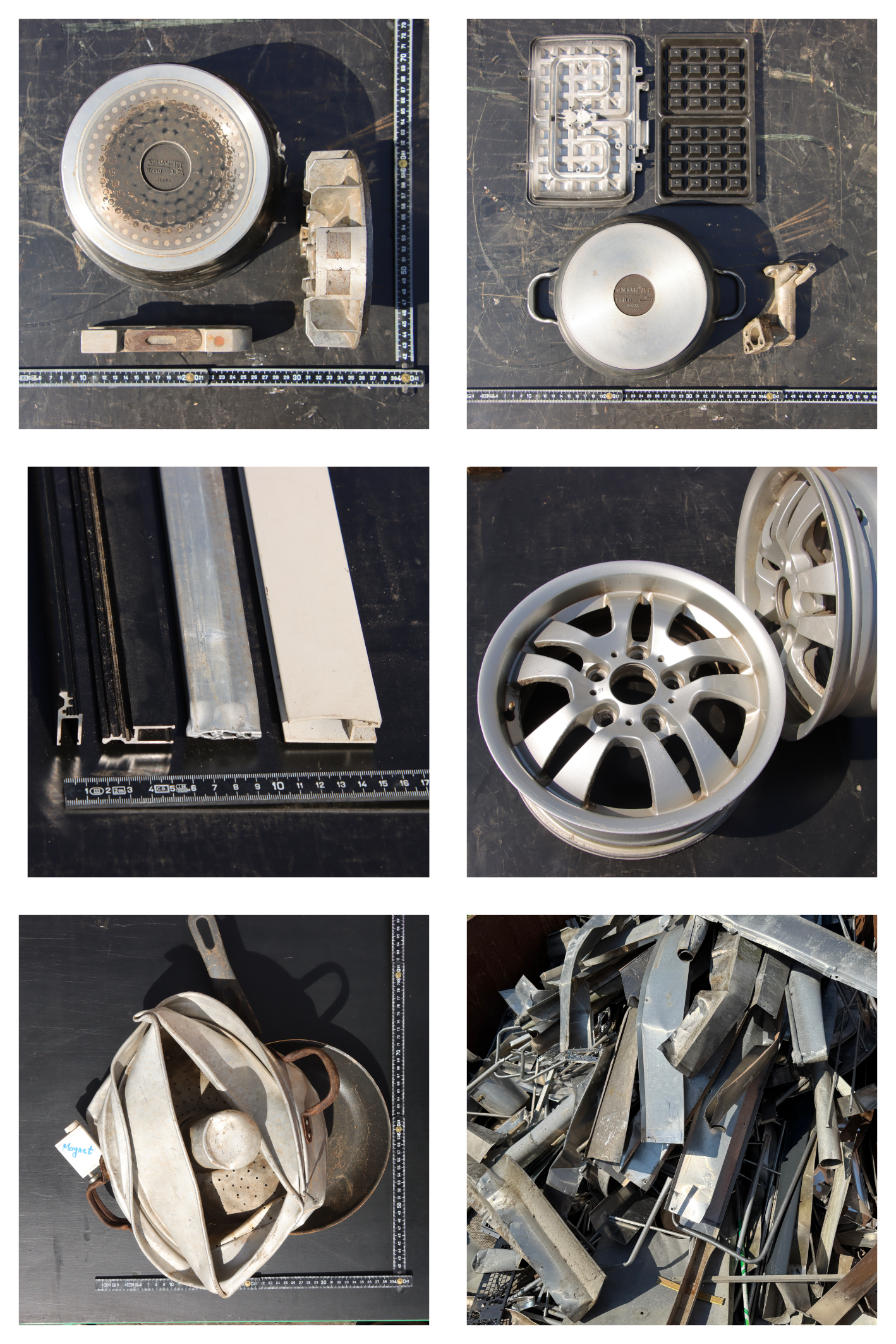Vier Fotos von kleinen elektronischen Bauteilen, Drähten und kreisförmigen Komponenten, die auf einer dunklen Oberfläche ausgelegt sind.