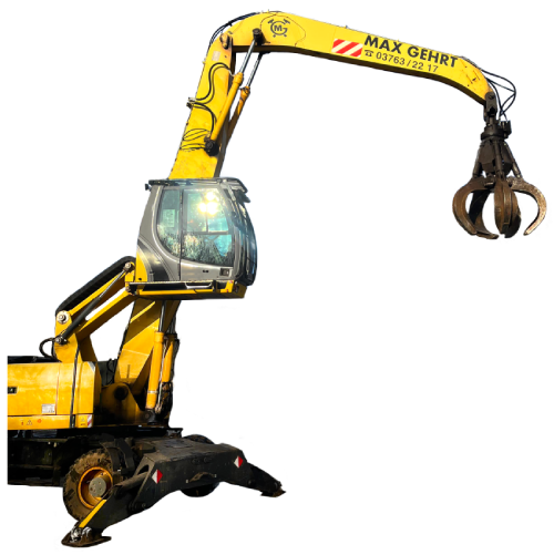 Gelber Bagger mit Greiferaufsatz auf weißem Hintergrund
