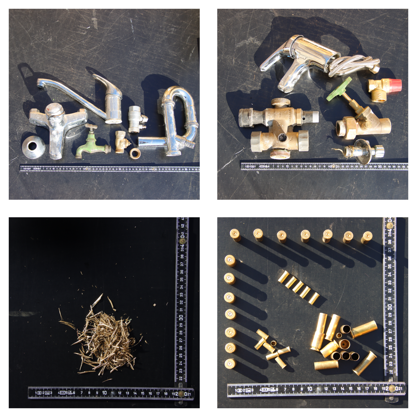 Collage aus kleinen Metall- und Keramikfragmenten, angeordnet auf dunklem Hintergrund, mit Beschriftungen und Linealen