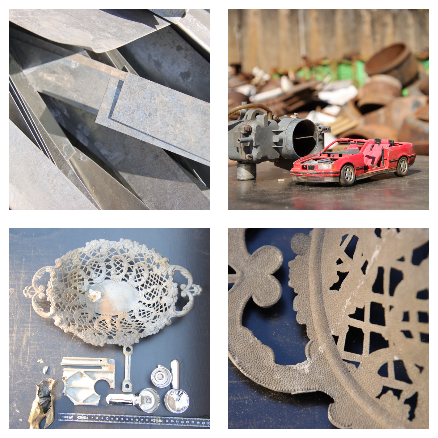 Vierteilige Collage aus Spielzeugautos, Metallteilen und Nahaufnahmen eines roten Autochassis mit mechanischen Komponenten