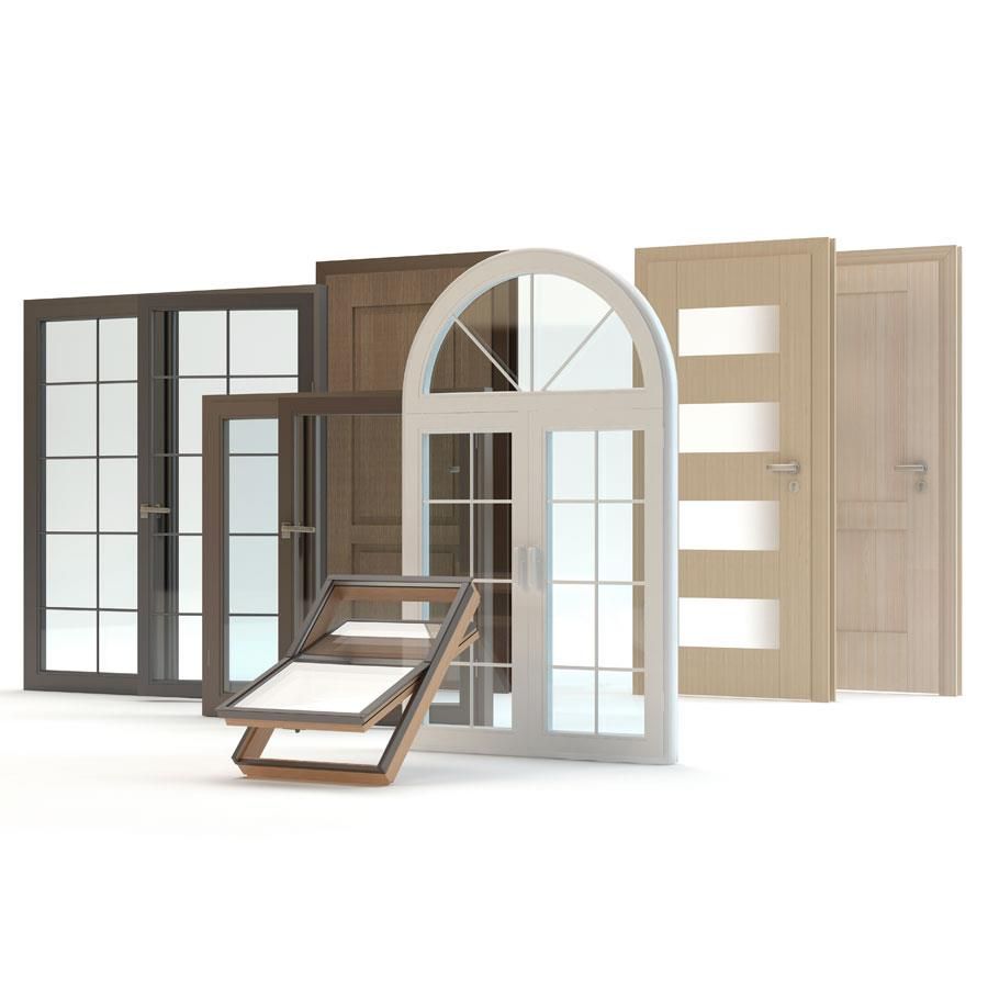 Eine Gruppe verschiedener Fenster- und Türtypen auf weißem Hintergrund.