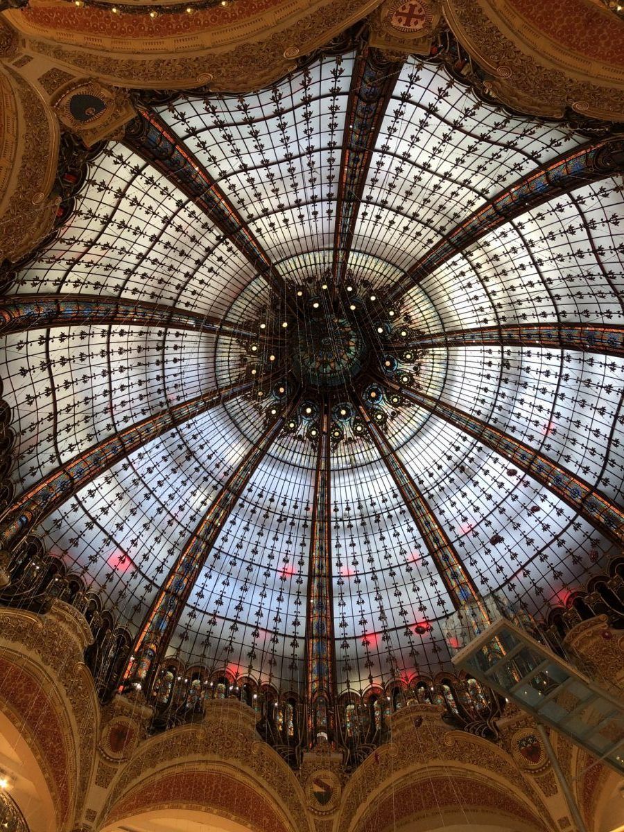 Plafond en dôme de verre avec une structure métallique ornée.