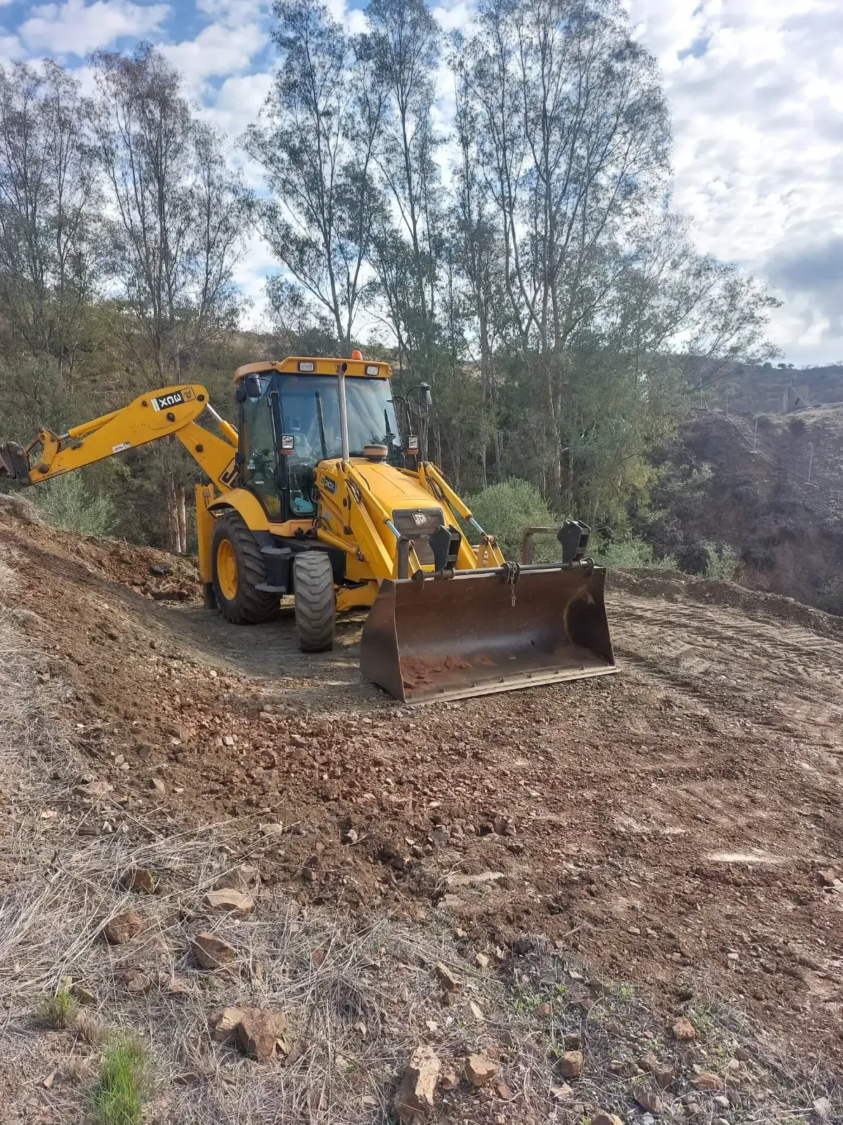 Retroexcavadora amarilla en una pendiente de tierra, despejando el terreno junto a árboles y maleza.