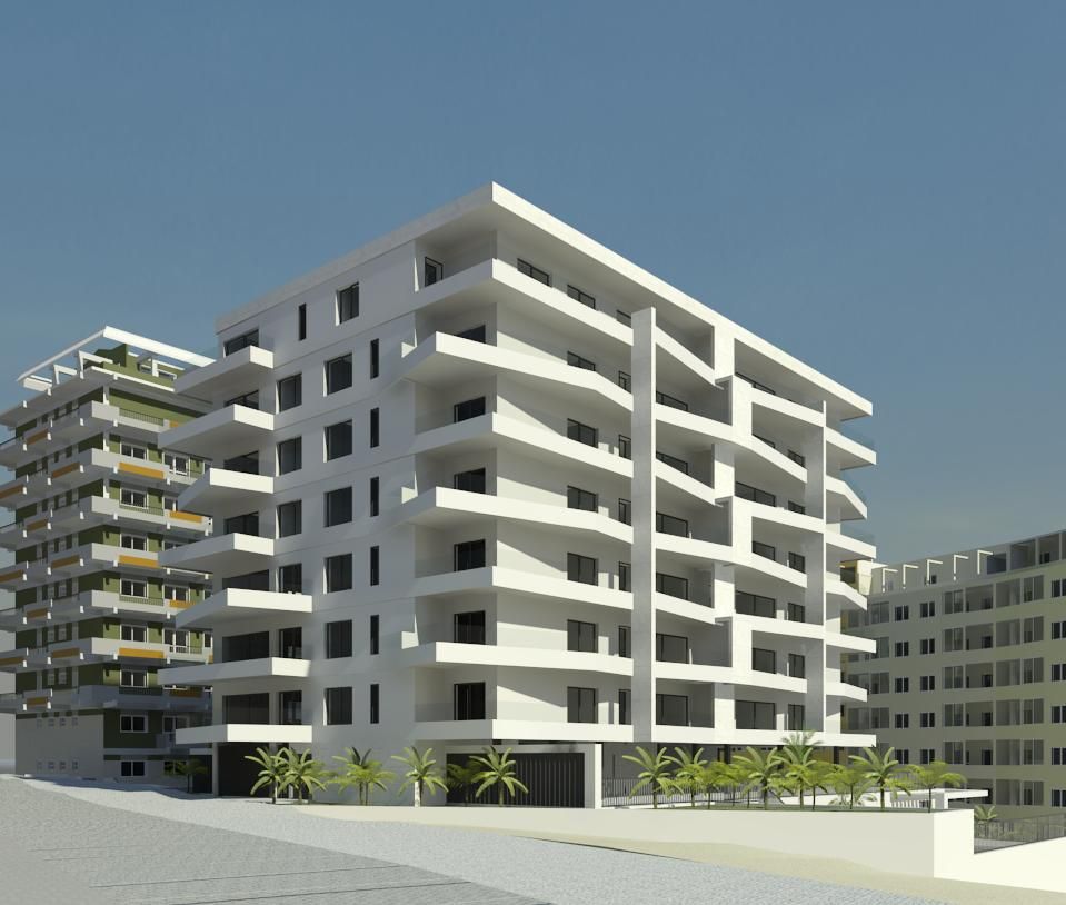 Uma renderização arquitetônica em 3D mostra um prédio de apartamentos moderno, com vários andares