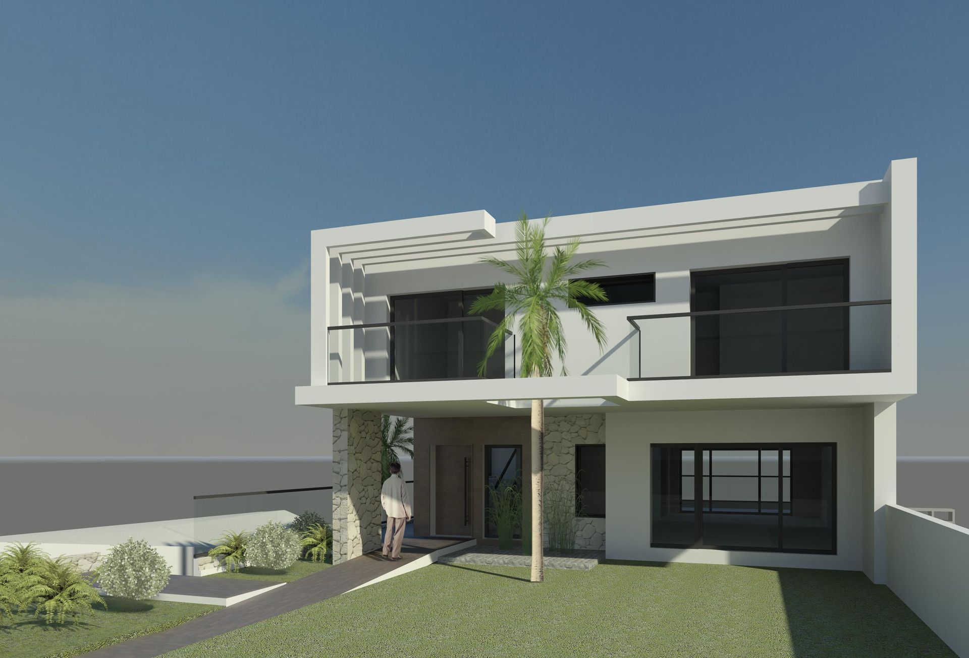 Uma casa moderna de dois andares, branca, com telhado plano, detalhes em tom carvão