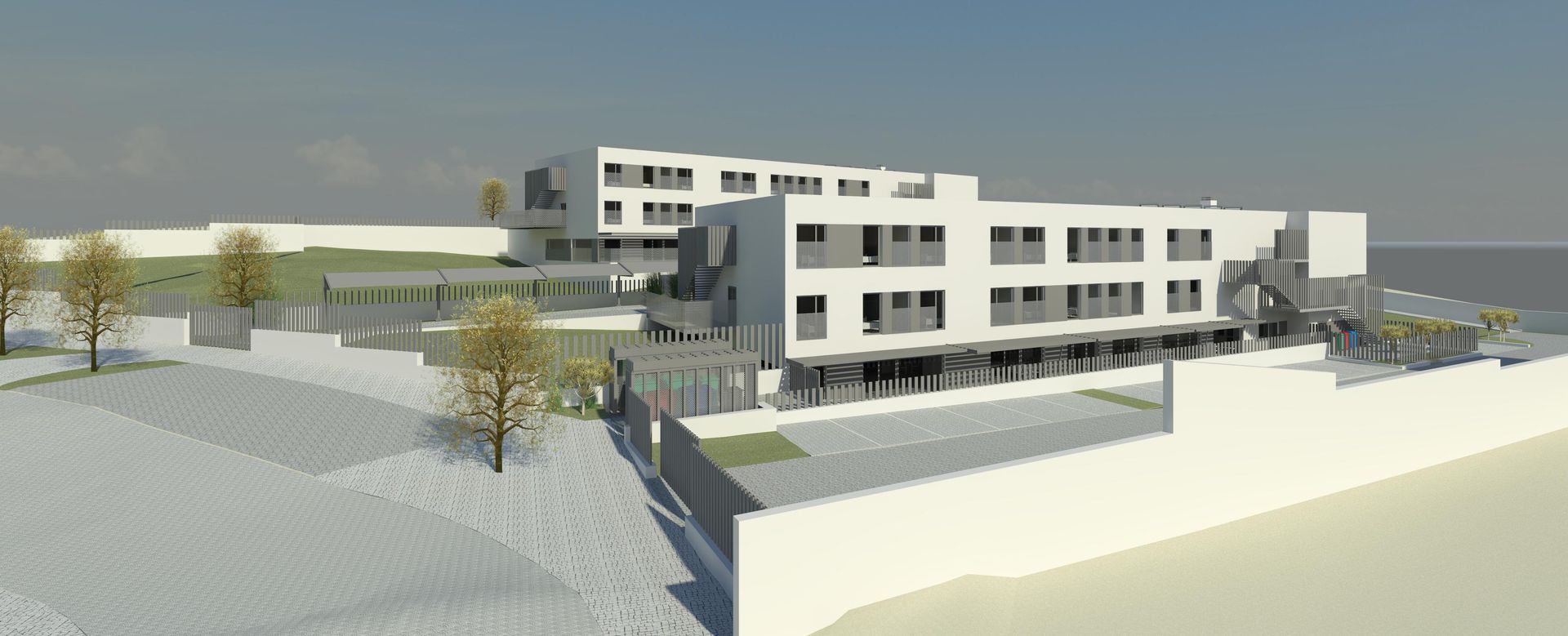 Uma renderização digital em 3D de um complexo de edifícios de vários andares