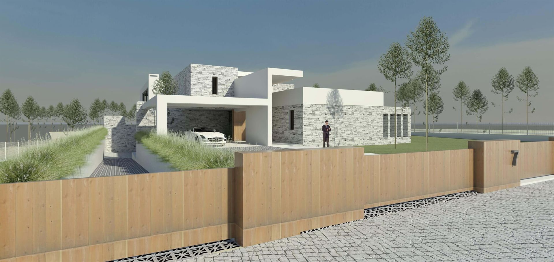 Uma casa moderna de dois andares, branca, com telhado plano, piscina e gramado ajardinado, em um dia ensolarado.