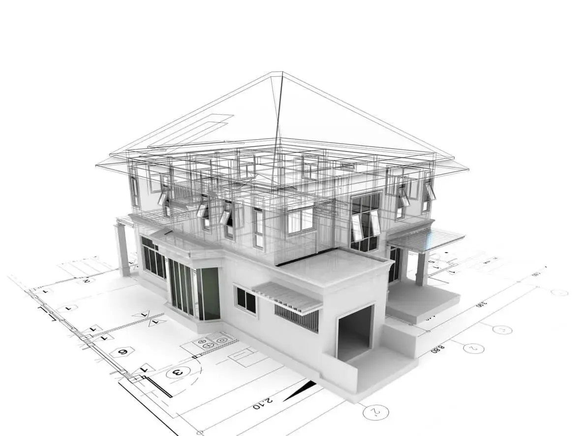 Modelo 3D de uma casa moderna em planta baixa, com telhado em estrutura de arame e detalhes.