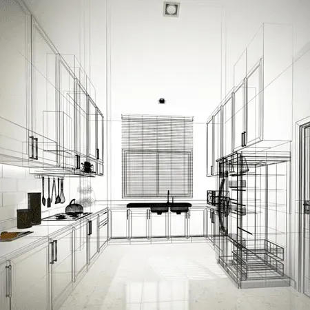 Representação em wireframe de uma cozinha moderna com armários, eletrodomésticos, uma janela e uma porta.