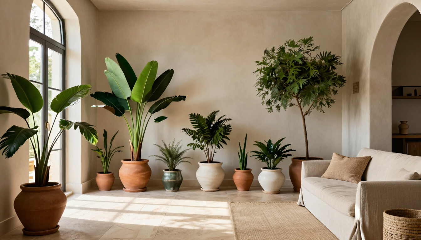 Salón luminoso con grandes plantas de interior en macetas, un sofá beige y luz del sol entrando por los ventanales altos