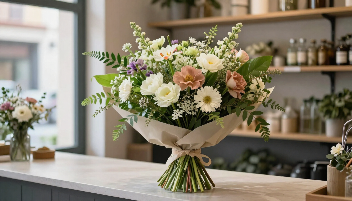 Ramo de flores blancas, rosas y moradas envuelto en papel sobre el mostrador de una tienda, con estantes al fondo