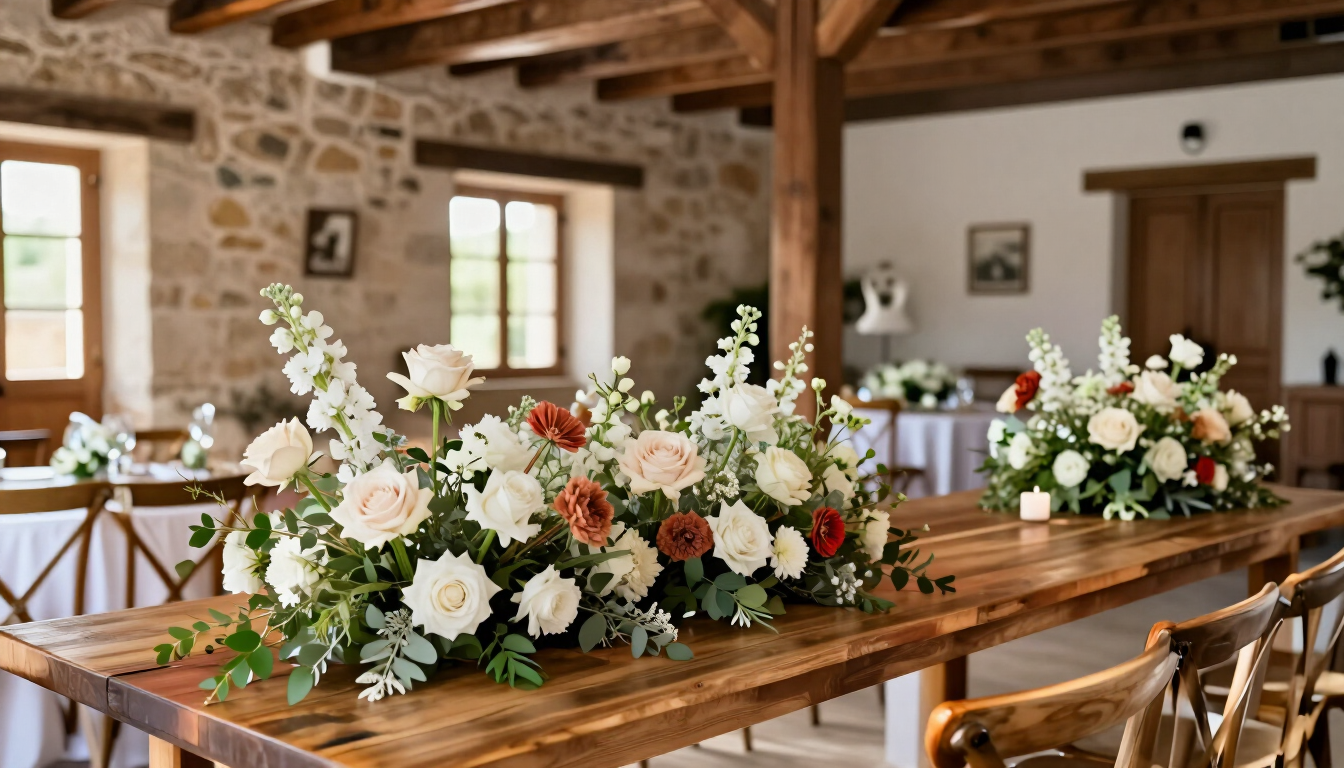 Mesa de comedor rústica con centros de mesa florales en tonos blancos y pastel, en una sala de piedra bañada por el sol