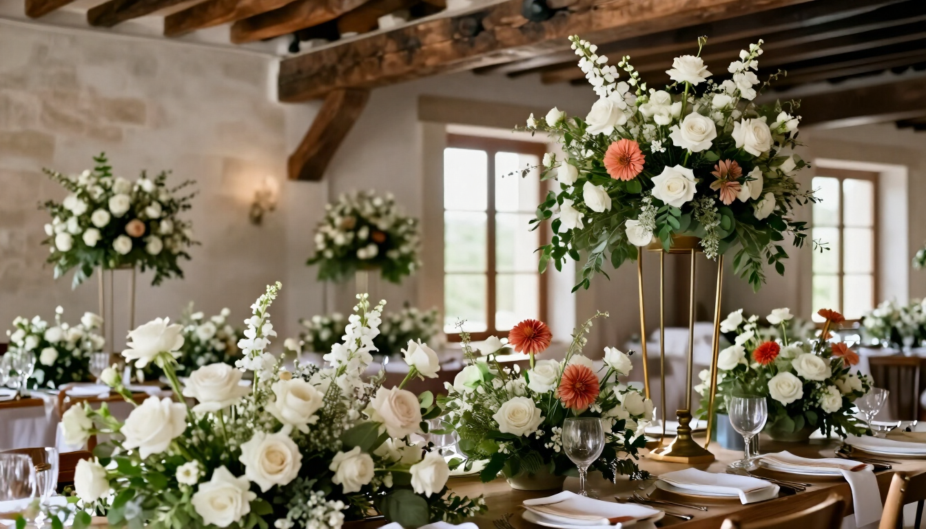 Elegante mesa de banquete con centros de mesa florales en tonos blancos y melocotón, en una sala rústica y luminosa bañada por el sol