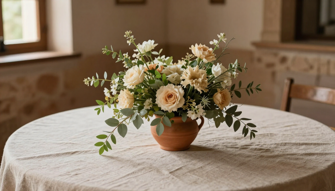 Arreglo floral en un jarrón de terracota sobre una mesa redonda en una habitación con luz tenue