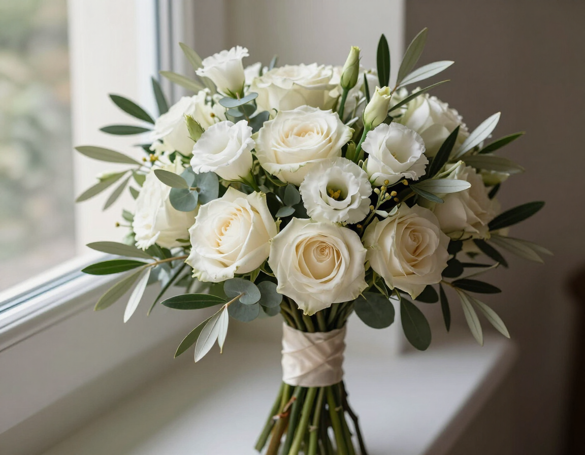 Elegante ramo de rosas blancas con follaje, envuelto en una cinta, sobre el alféizar de una ventana