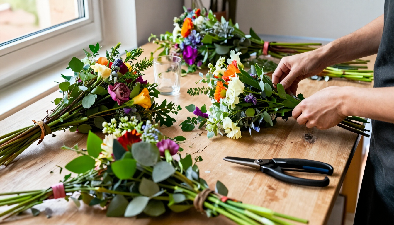 Manos arreglando coloridos ramos de flores sobre una mesa de madera junto a una ventana iluminada por el sol