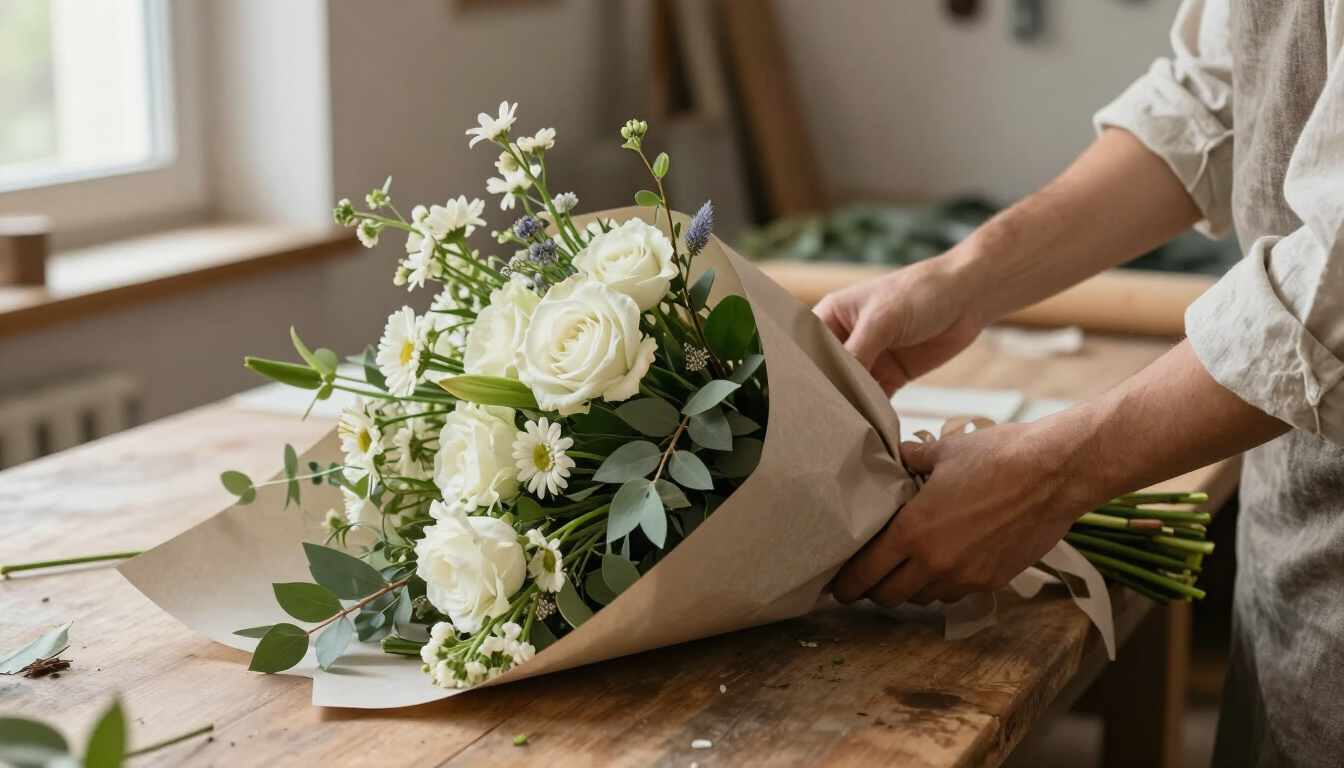 Una persona arreglando un ramo de flores blancas sobre una mesa de madera, envuelto en papel marrón.
